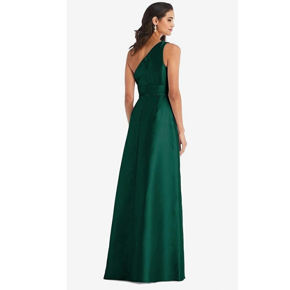 Alfred Sung: DRAPED ONE-SHOULDER SATIN MAXI DRESS WITH POCKETS (NWT) - Picture 6 of 6